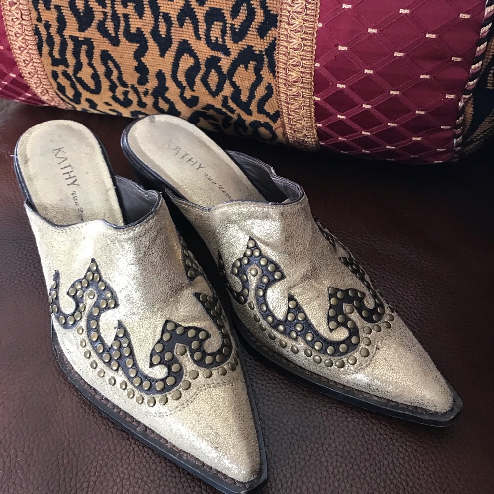 Kathy Ireland gold and brown mules. Size 7.5